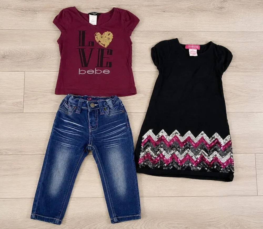 Girls 2T Clothing Bundle BeBe Maroon Tee, U-knit Sequin Dress & Lee Skinny Jeans